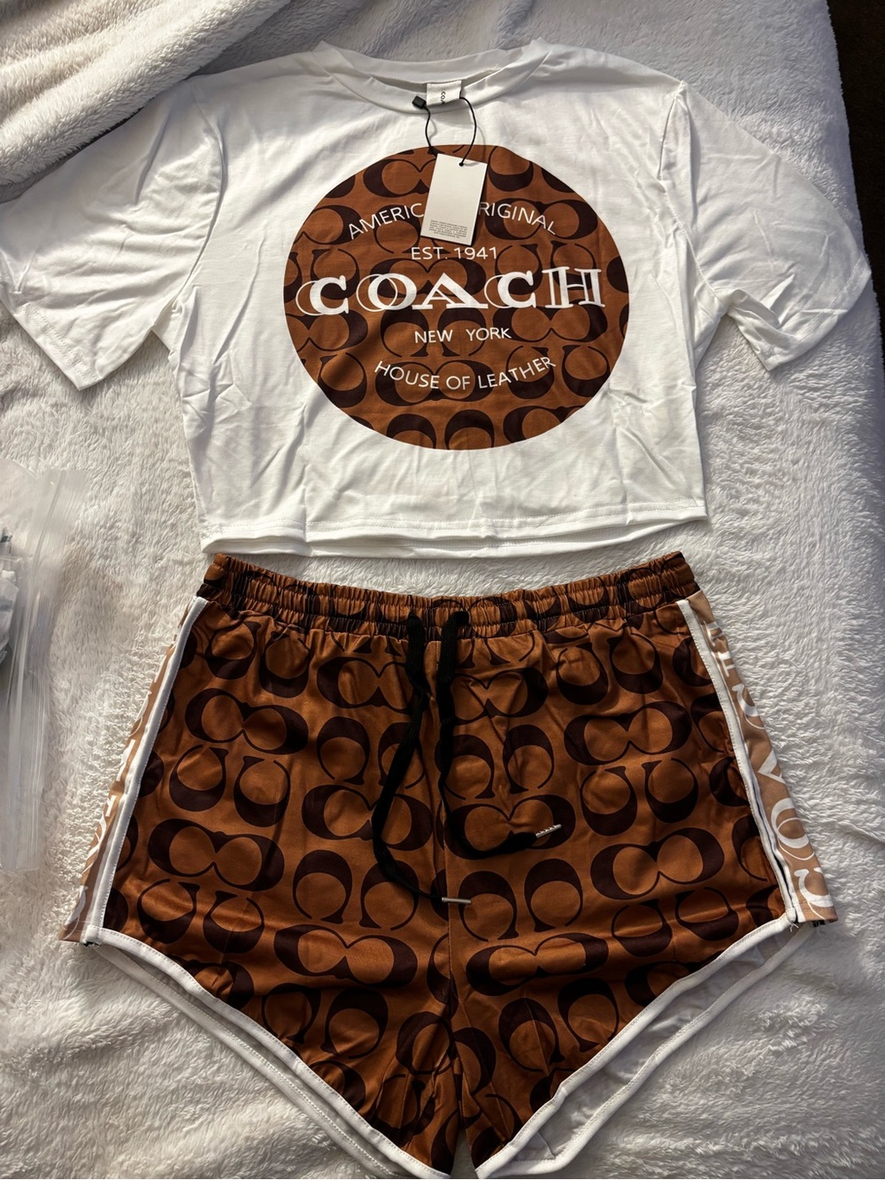 Woman’s two piece Logo Crop Tee & Coach Signature Brown Shorts Set - Picture 2 of 5